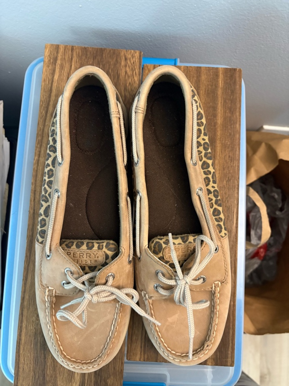 Sperry Beige Leather Boat Shoes with Leopard Accent